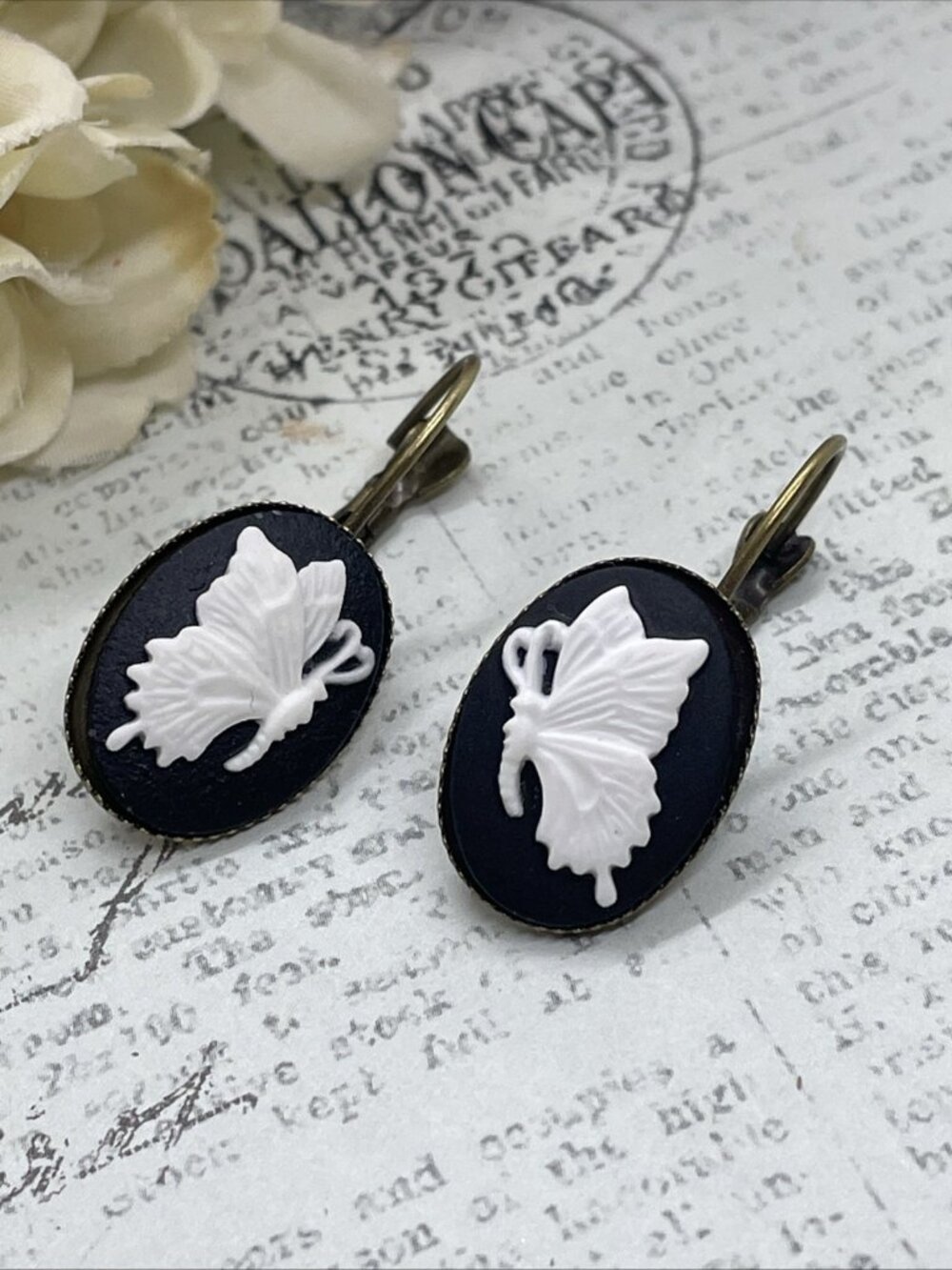 Bronze Gold Butterfly Wire Earrings Wedding Birthday Anniversary Gift Mom Cameo